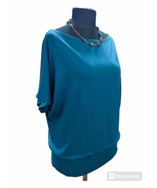 Bluzka kimonowa z dekoltem w łódkę - kolor ciemny turkus